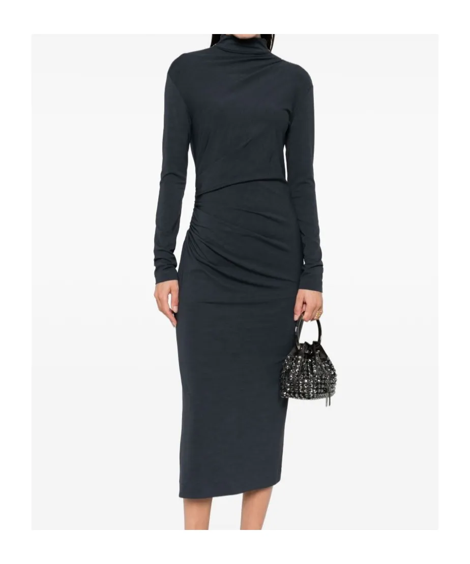 High-Neck Gathered Midi Dress