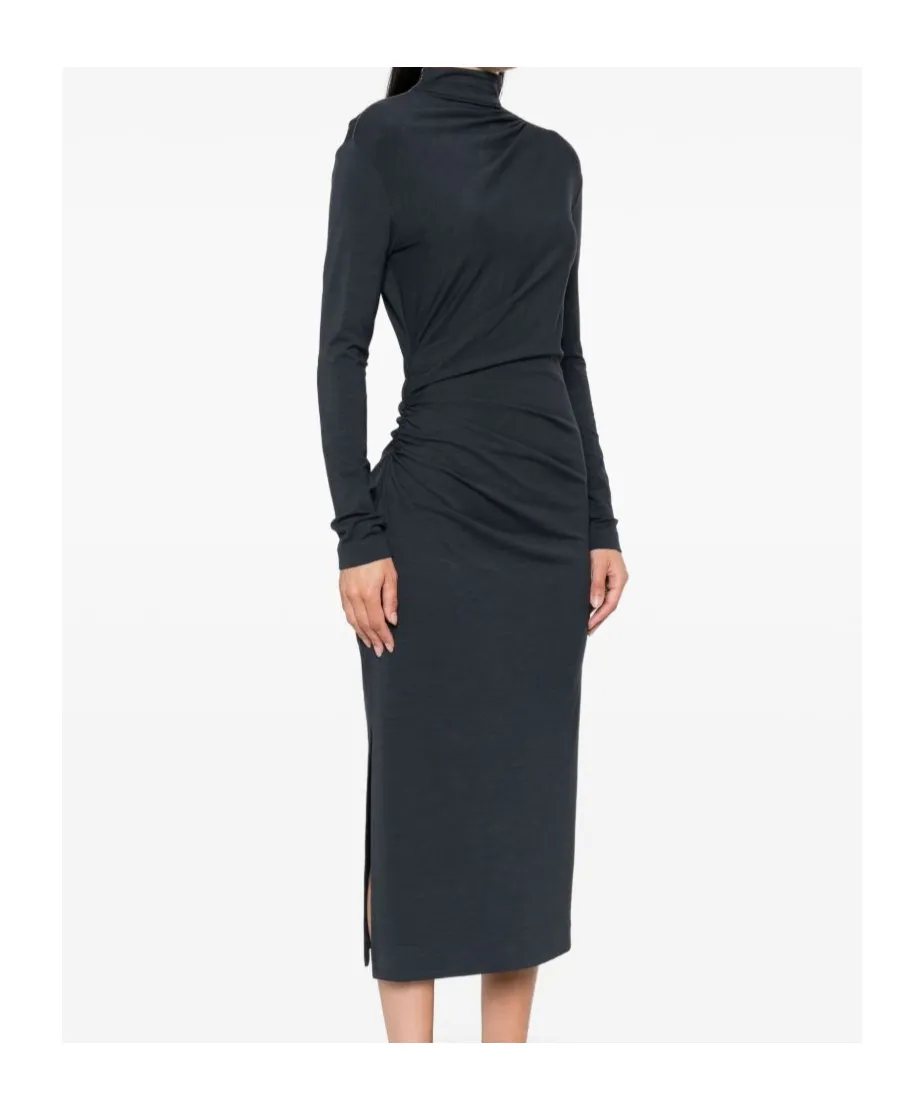 High-Neck Gathered Midi Dress