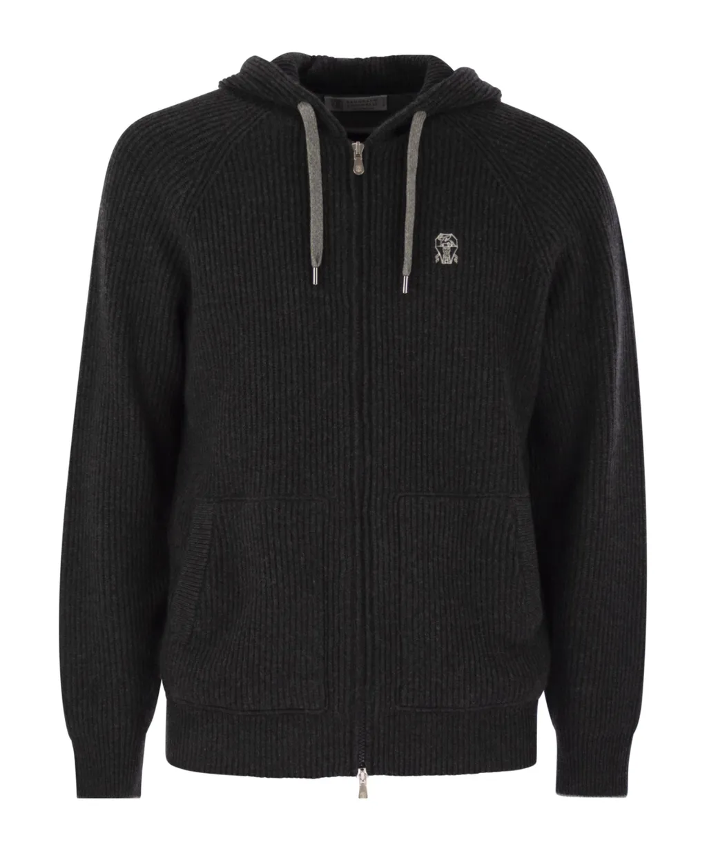 Logo Embroidered Zipped English Rib Knit Hooded Sweatshirt