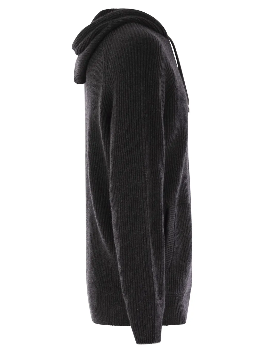 Logo Embroidered Zipped English Rib Knit Hooded Sweatshirt