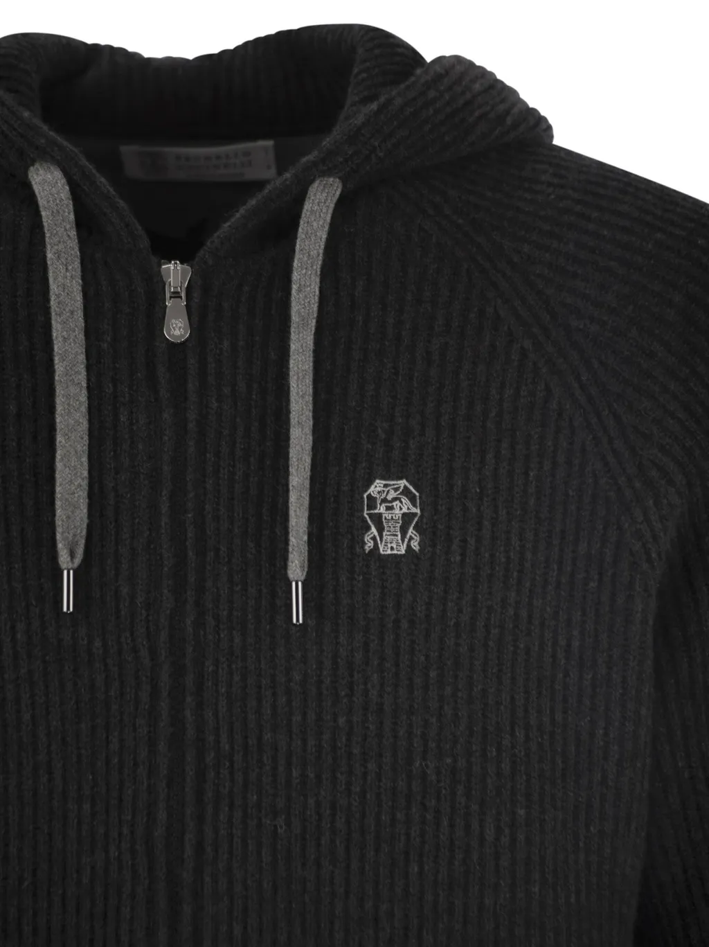 Logo Embroidered Zipped English Rib Knit Hooded Sweatshirt