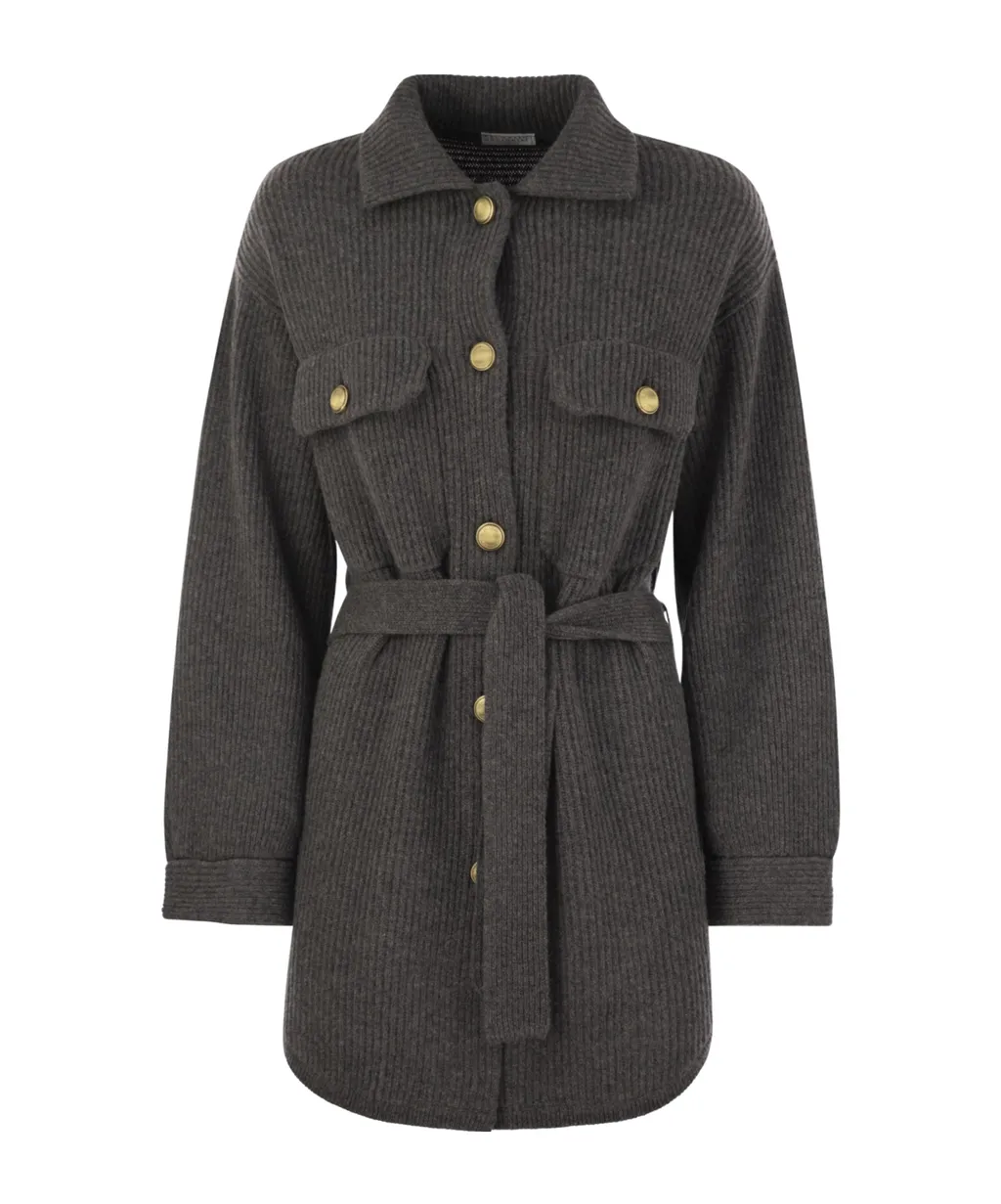 Long-Sleeved Ribbed Belted Cardigan