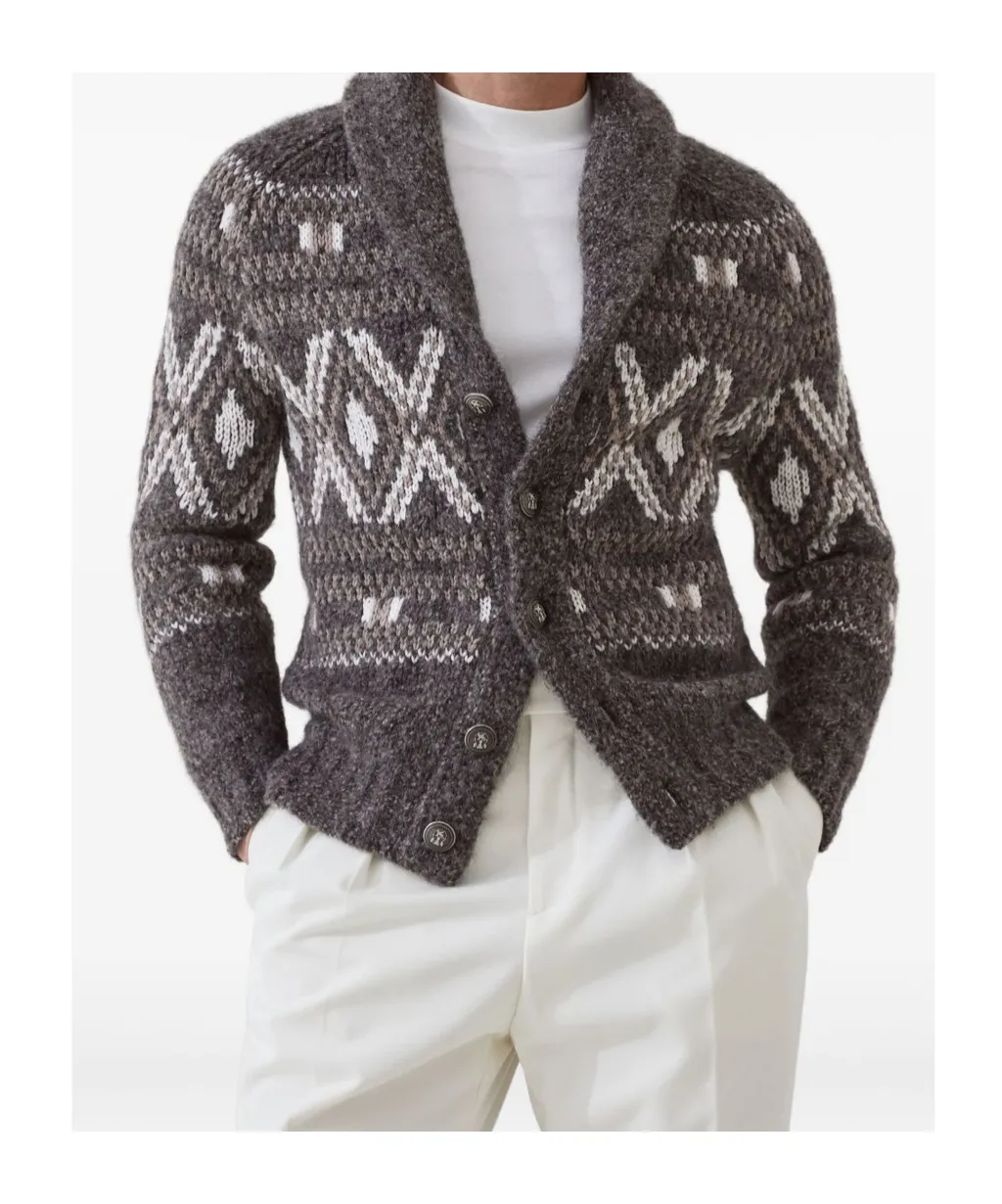 Geometric Jacquard Button-Up Cardigan