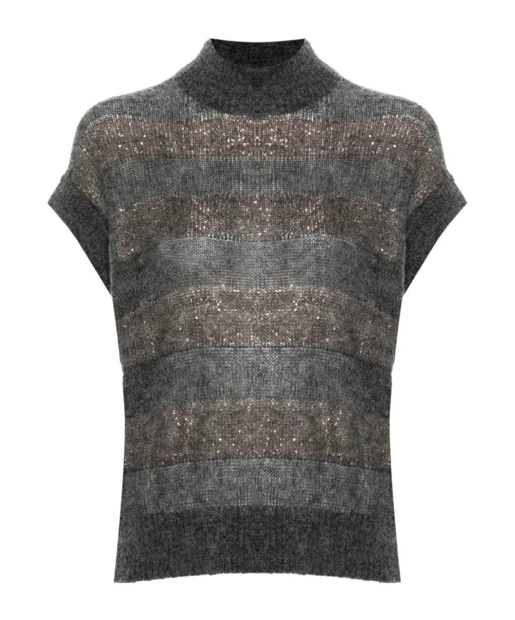 Sequin-Embellished High-Neck Striped Vest