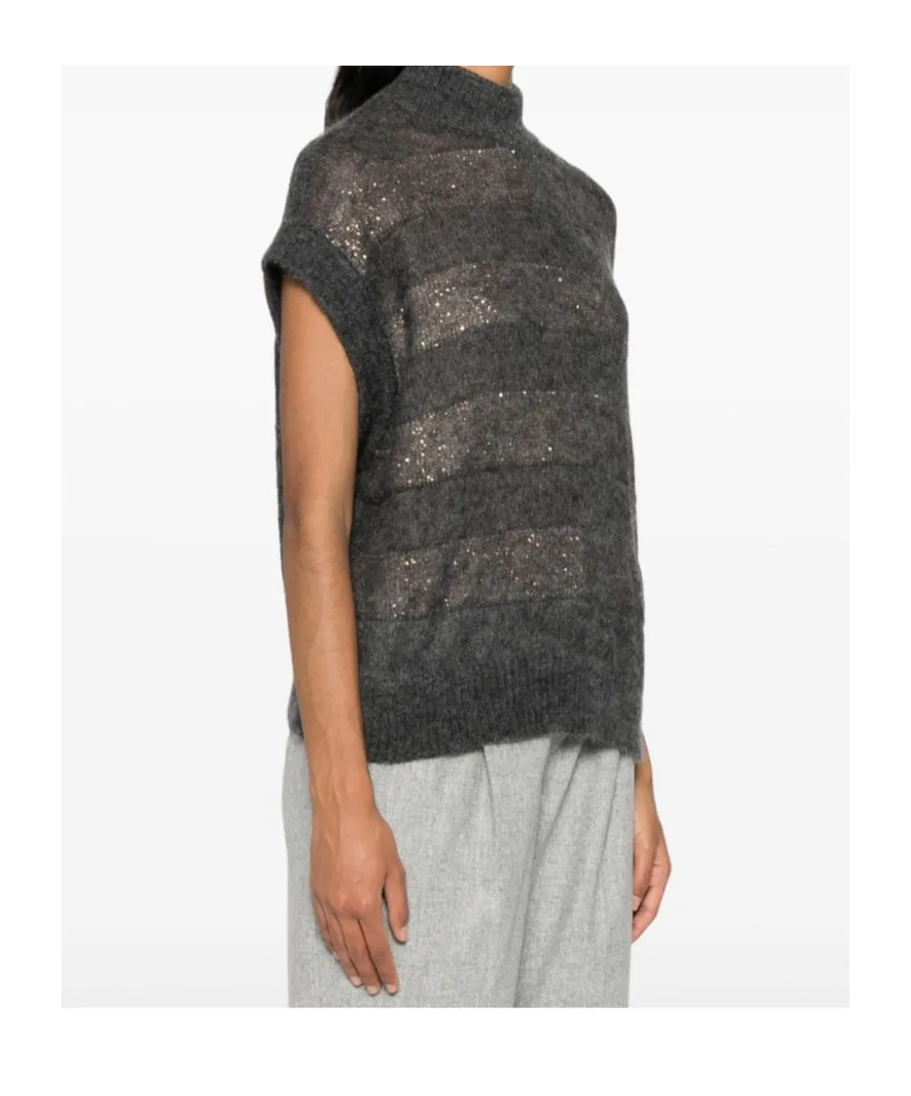 Sequin-Embellished High-Neck Striped Vest