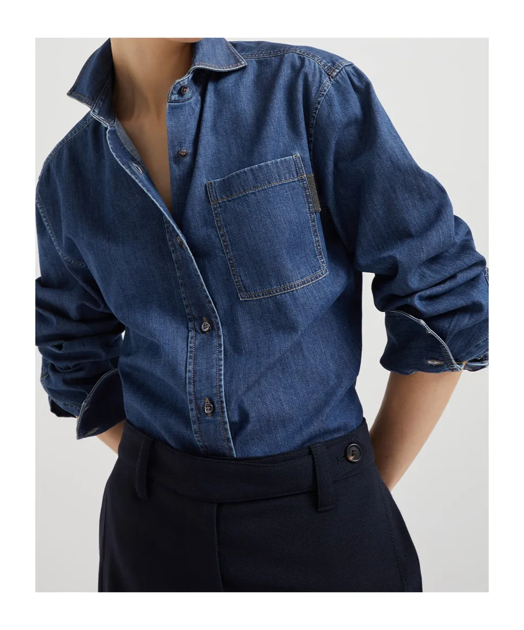 Buttoned Curved Hem Denim Shirt