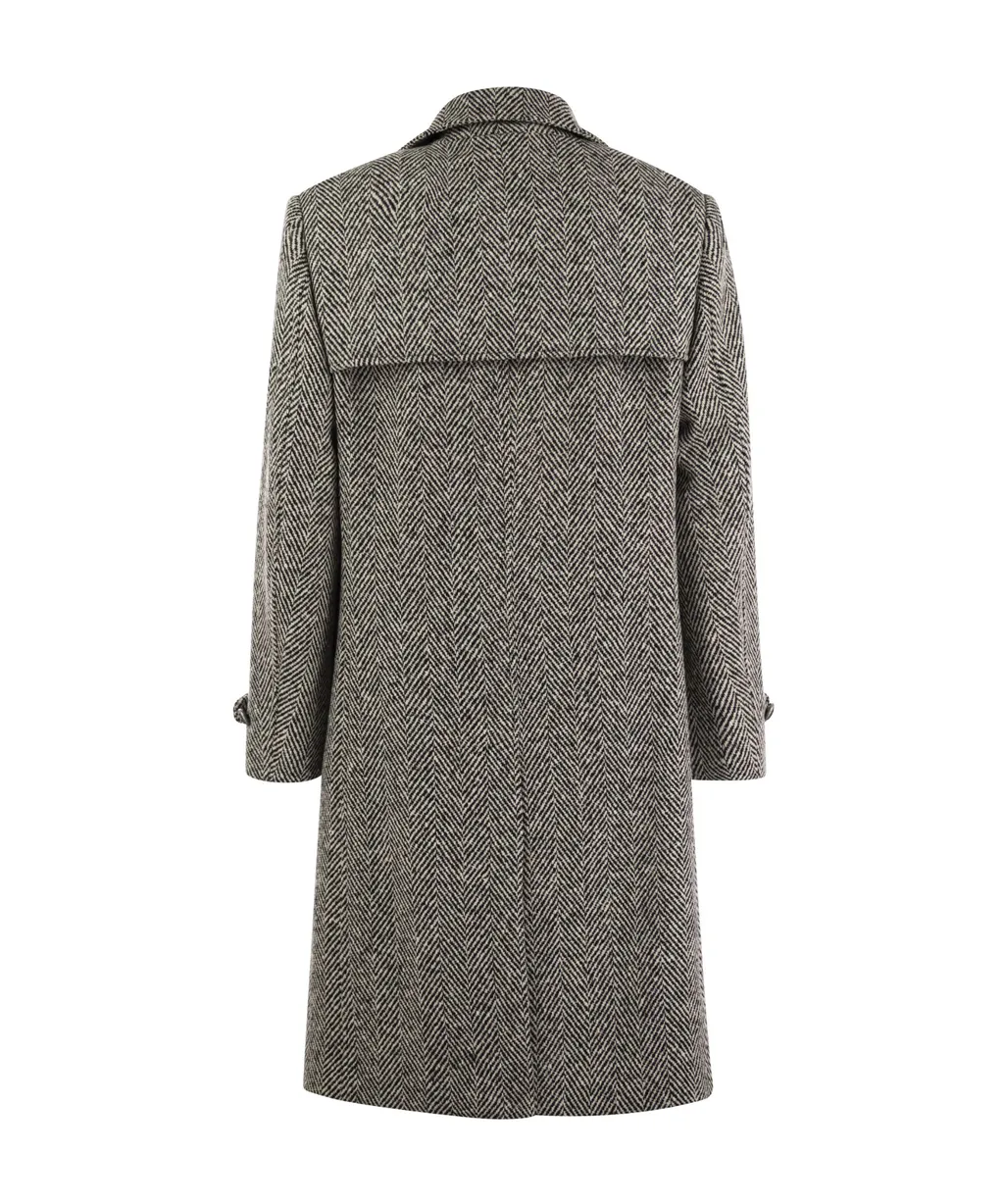 Herringbone Pattern Double-Breasted Coat