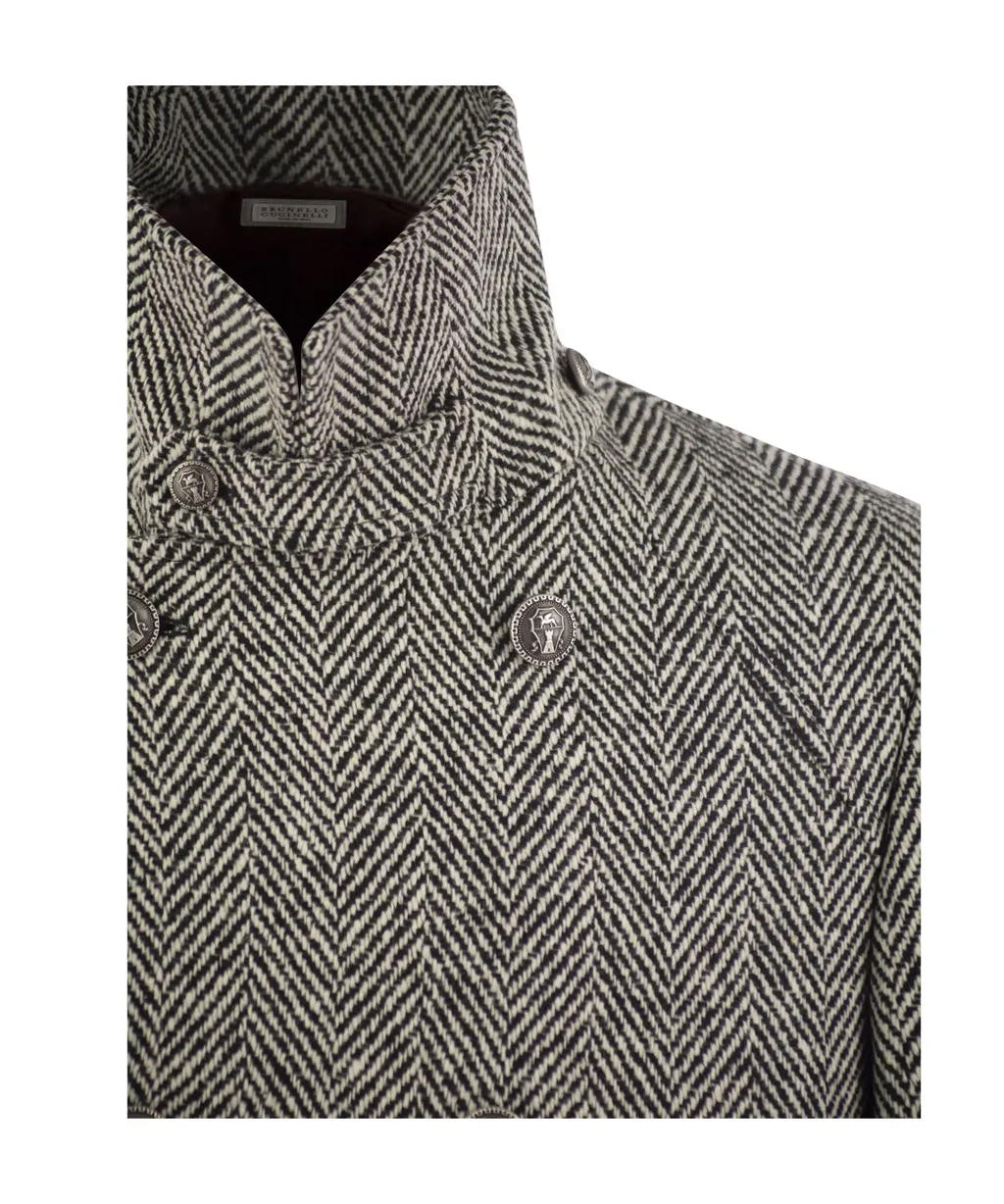 Herringbone Pattern Double-Breasted Coat