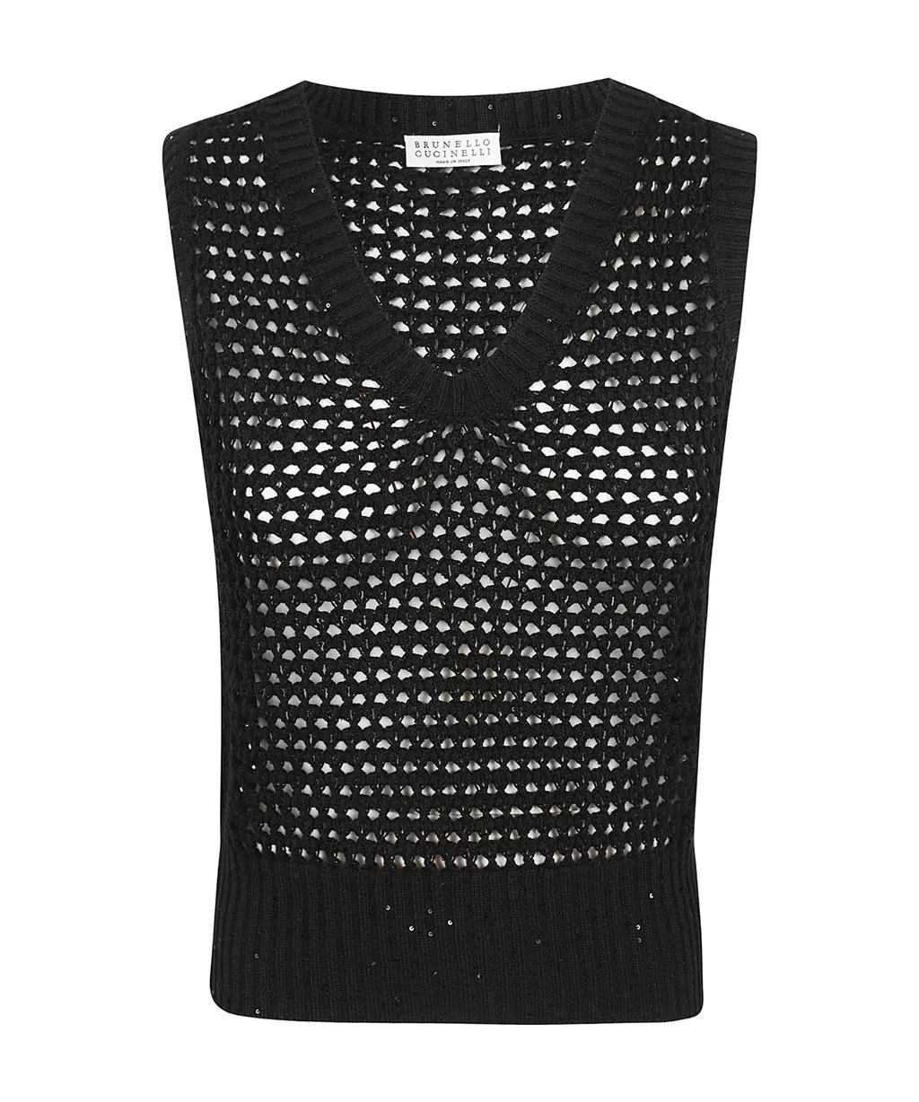 Sequin Embellished Open Knitted Vest