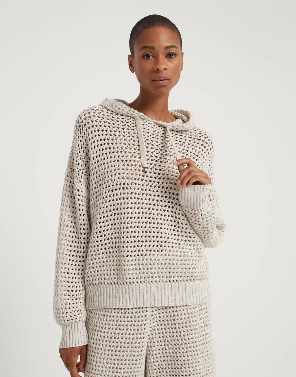 Open Knit Drawstring Hoodie