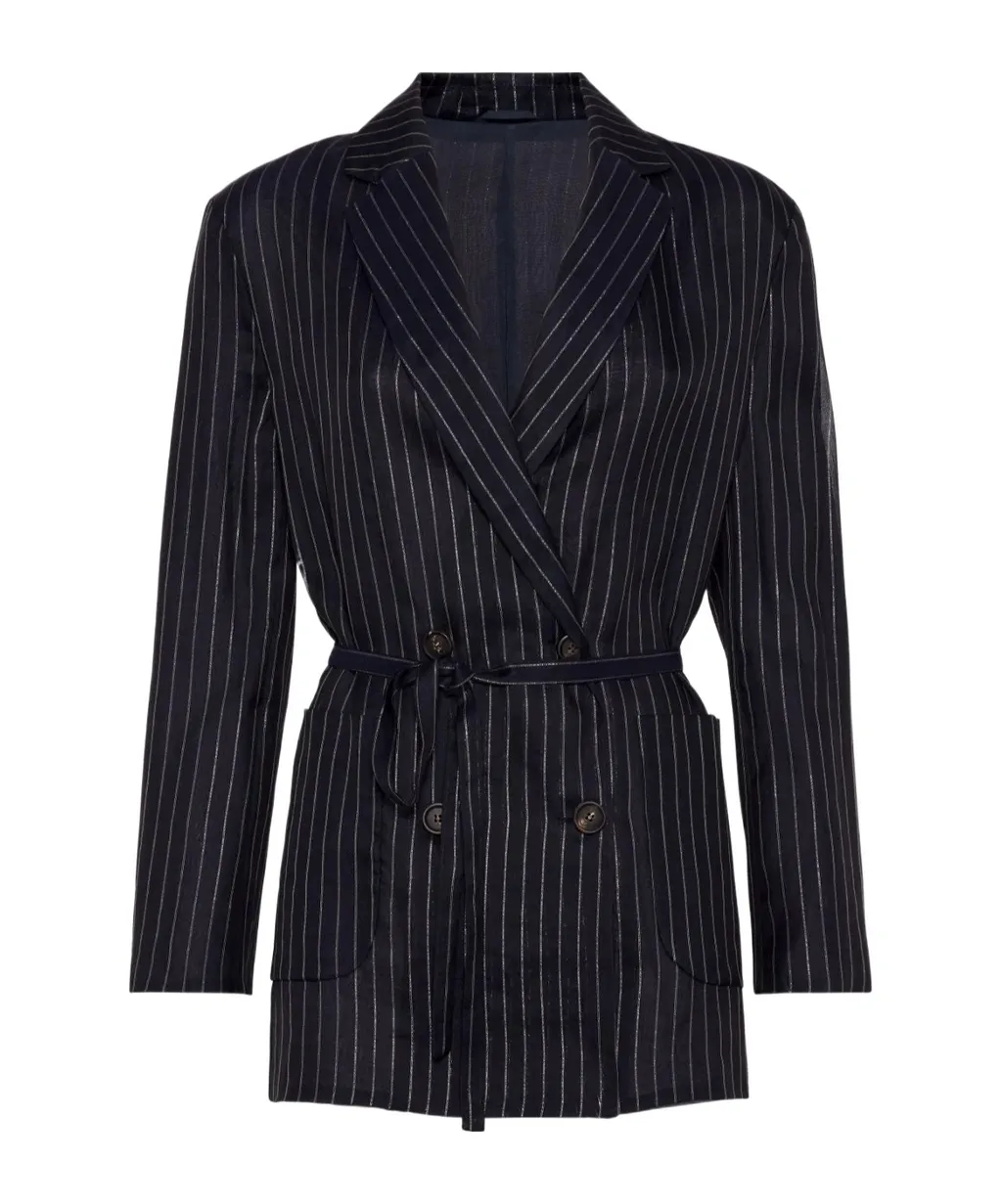 Pinstripe-Pattern Double Breasted Belted Blazer