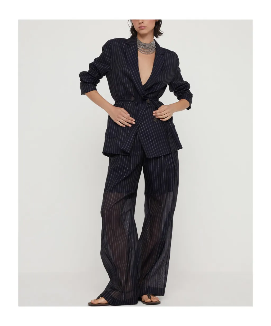 Pinstripe-Pattern Double Breasted Belted Blazer