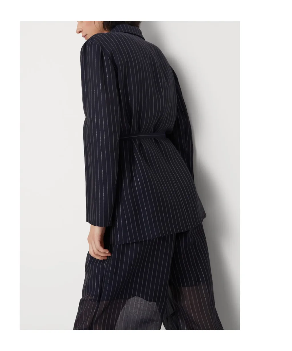 Pinstripe-Pattern Double Breasted Belted Blazer