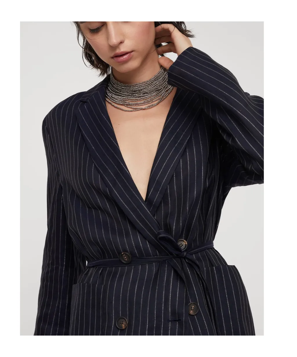 Pinstripe-Pattern Double Breasted Belted Blazer