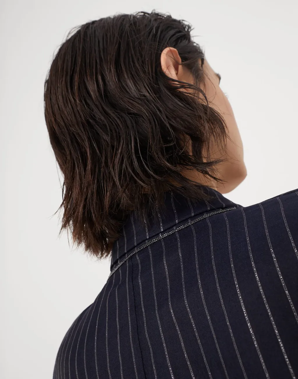 Pinstripe-Pattern Double Breasted Belted Blazer