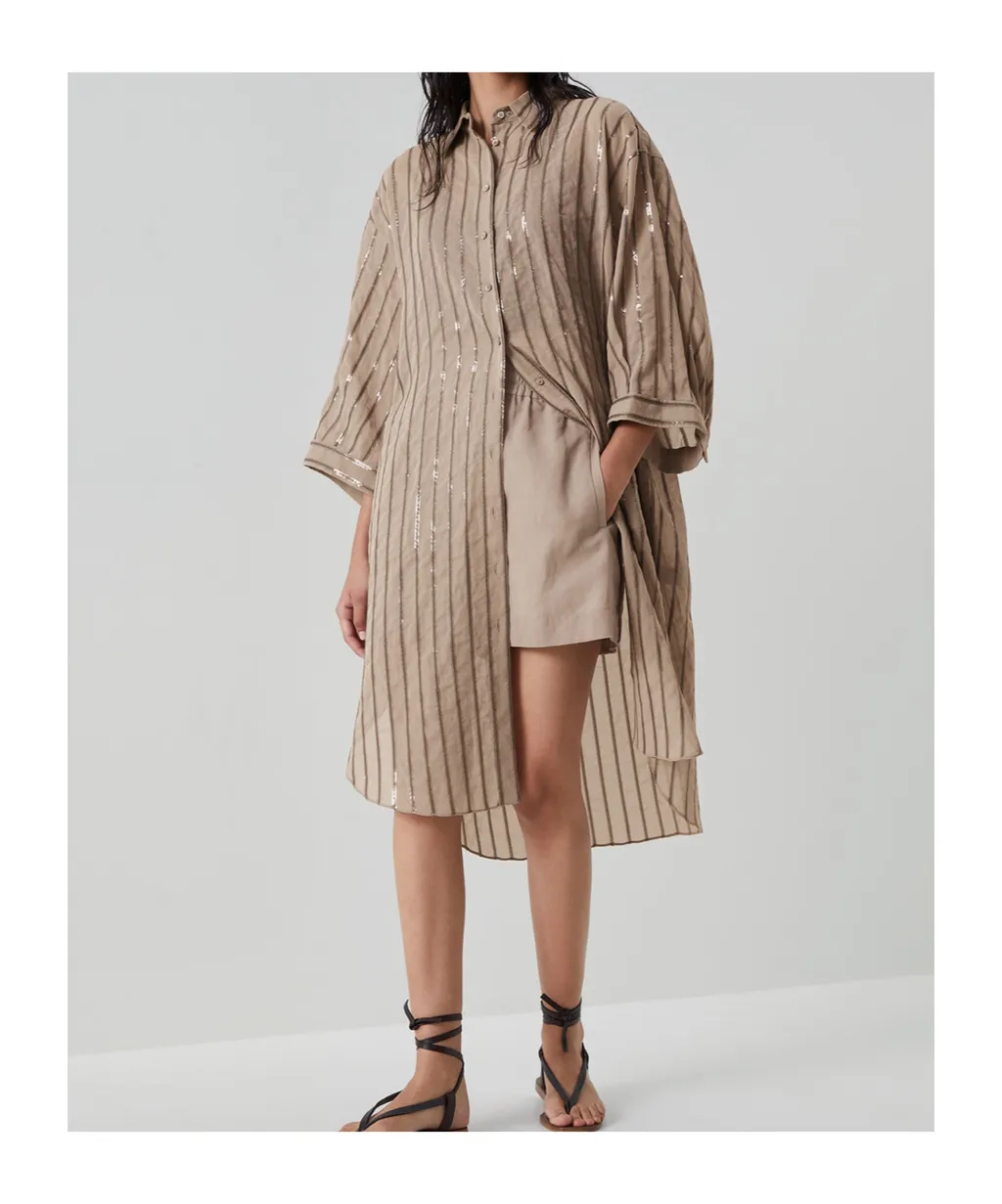 Sequin-Embellished Striped Cotton Shirtdress