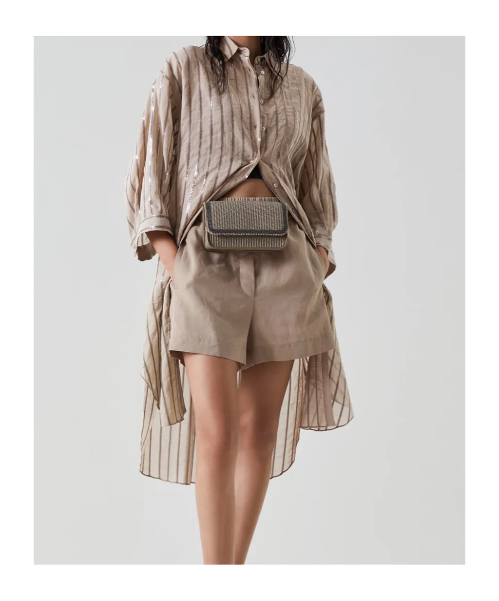 Sequin-Embellished Striped Cotton Shirtdress