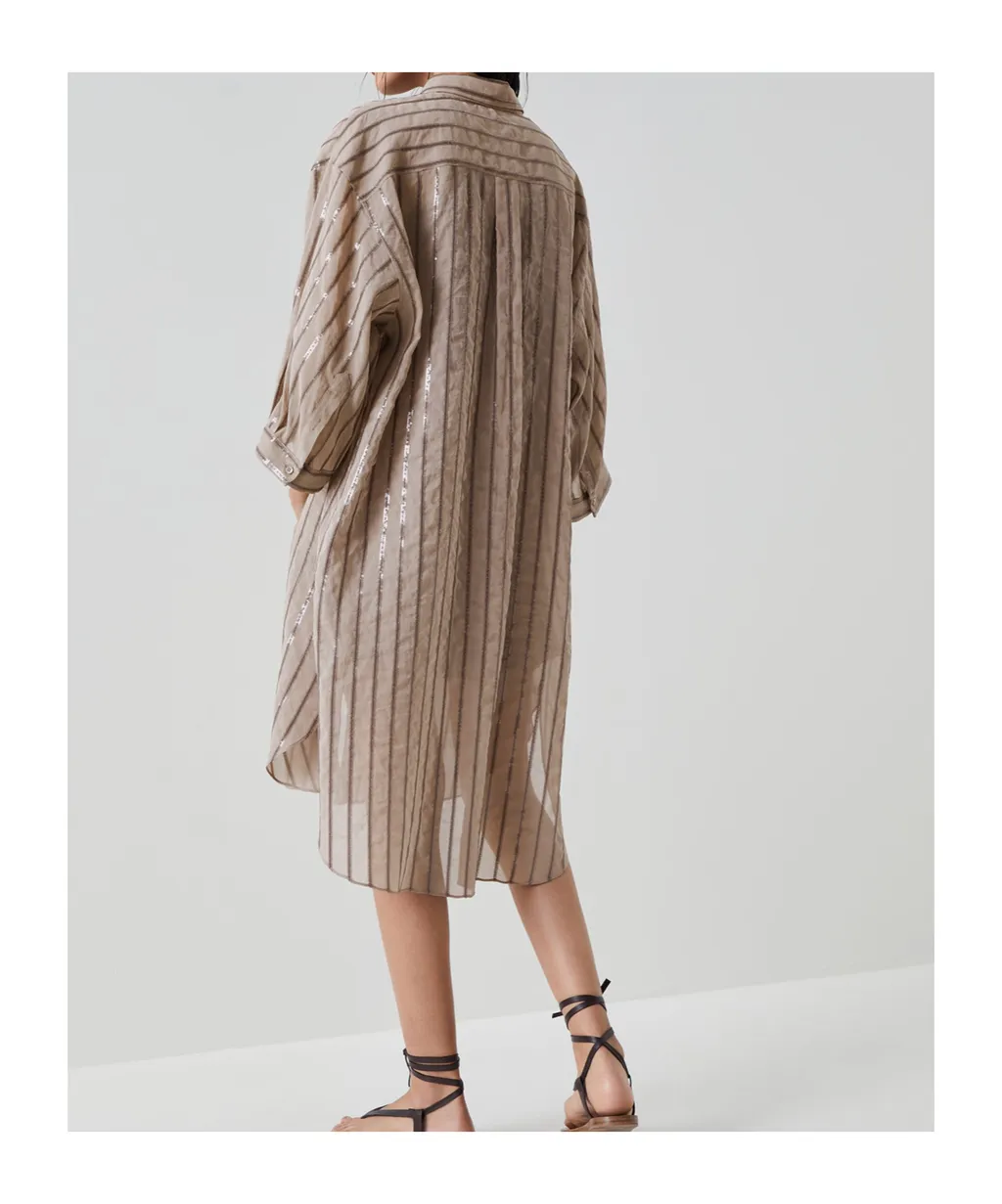 Sequin-Embellished Striped Cotton Shirtdress