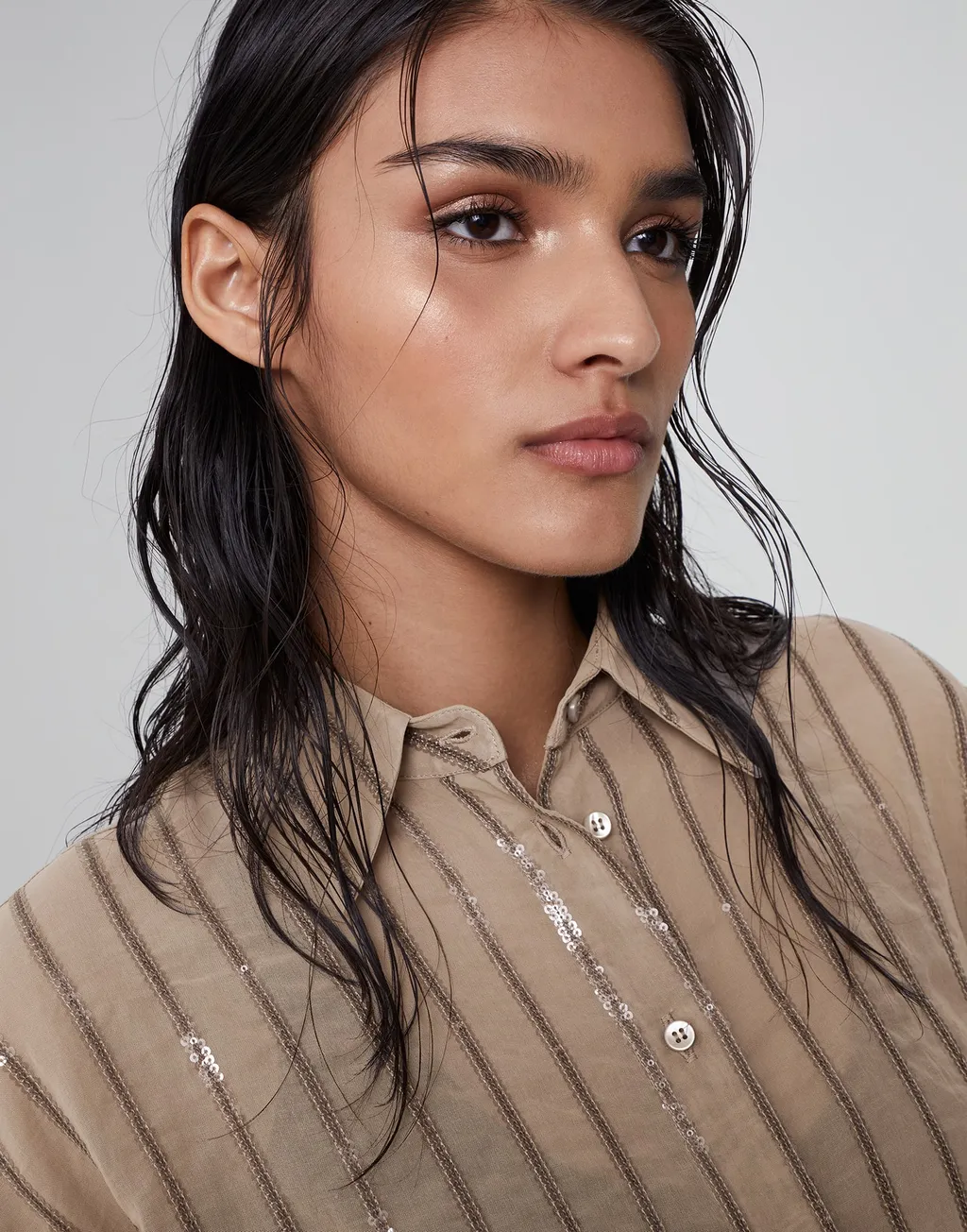 Sequin-Embellished Striped Cotton Shirtdress