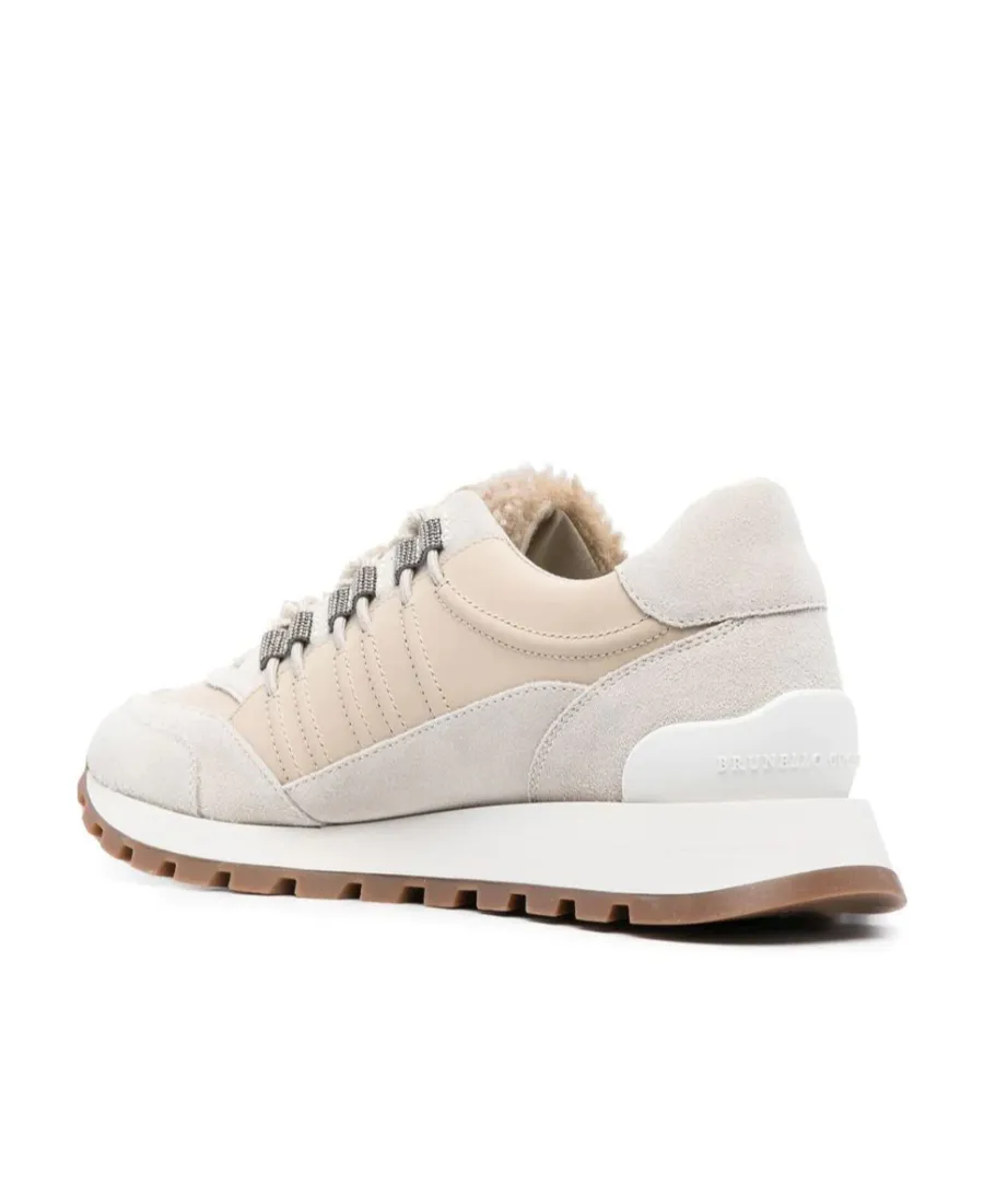 Shearling-Trim Low-Top Sneakers