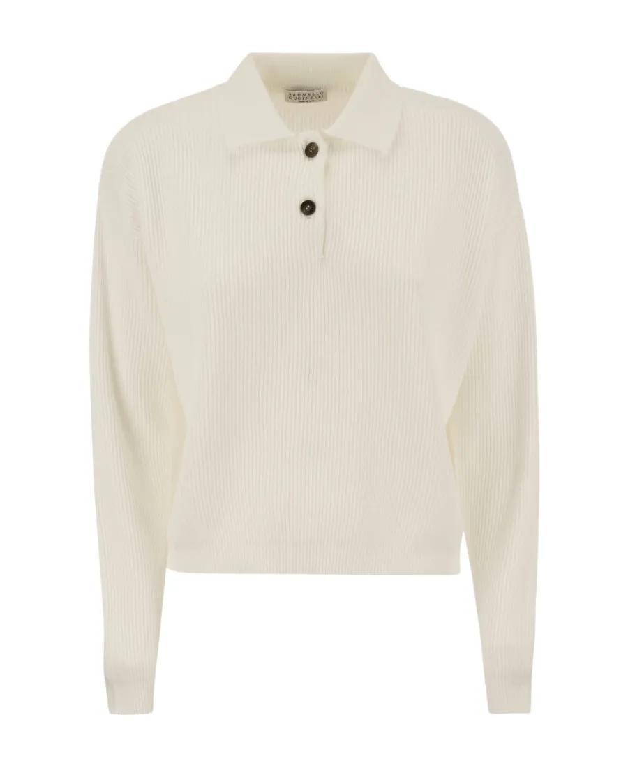 Long Sleeved Ribbed-Knit Polo Jumper