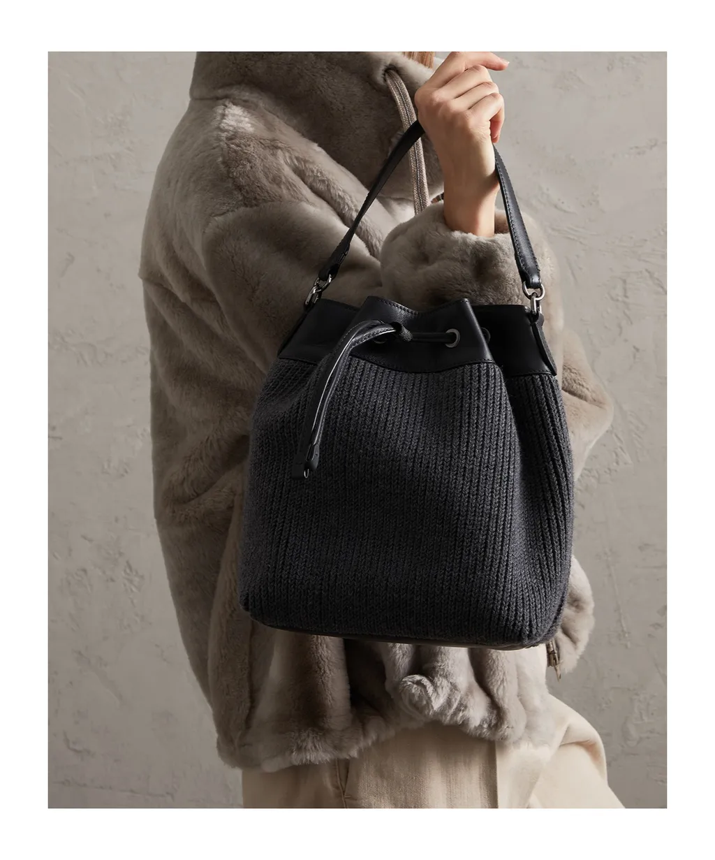 Drawstring Cable-Knit Tote Bag
