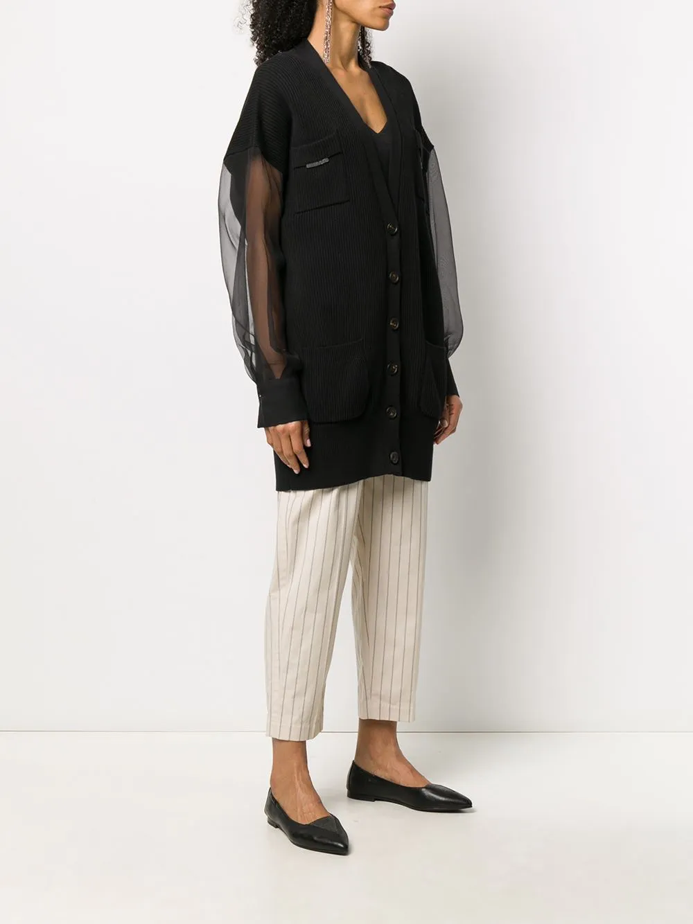 Ribbed Cardigan With Chiffon Sleeves