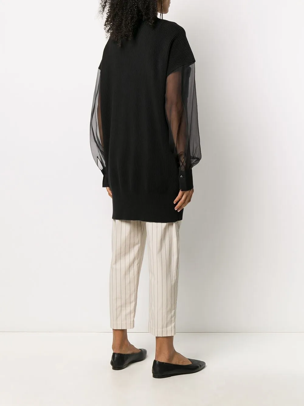 Ribbed Cardigan With Chiffon Sleeves