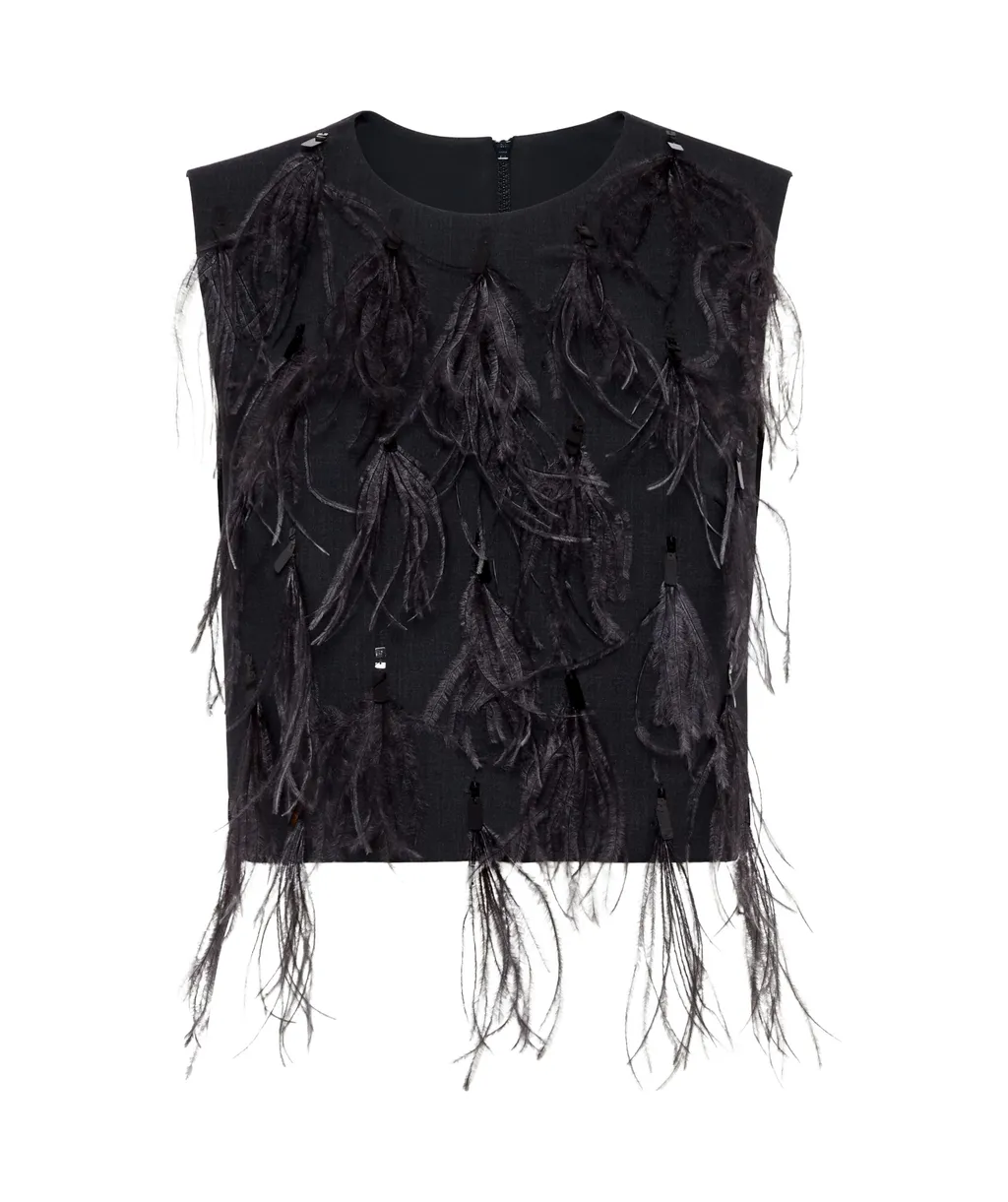 Feather Detailed Sleeveless Crewneck Top