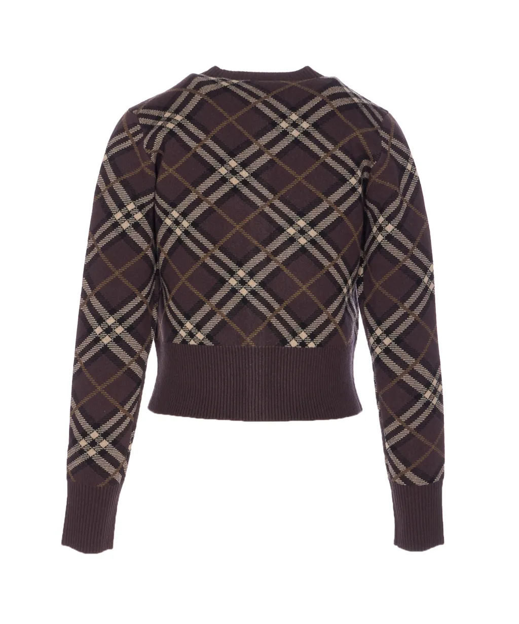 Checked Crewneck Knitted Cardigan