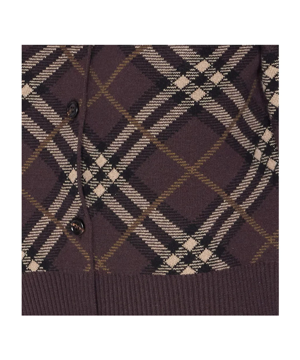 Checked Crewneck Knitted Cardigan