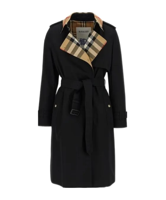 Long Check Collar Gabardine Trench Coat