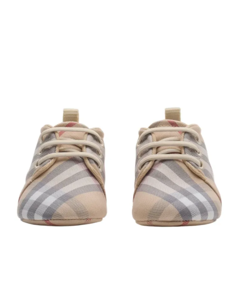 Check-Pattern Lace-Up Crib Shoes