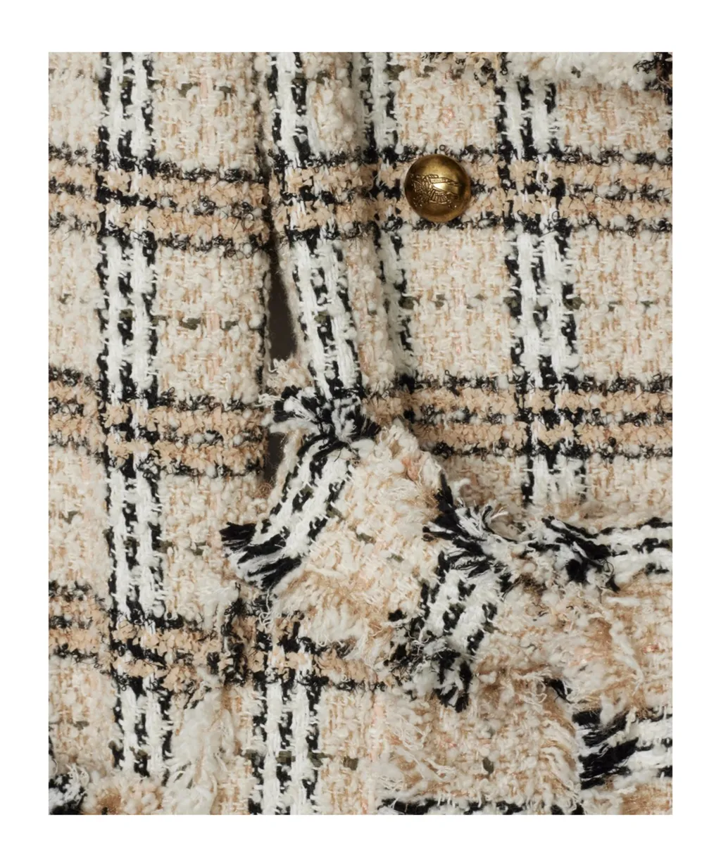 Checked Belted Waist Fringed Tweed Coat