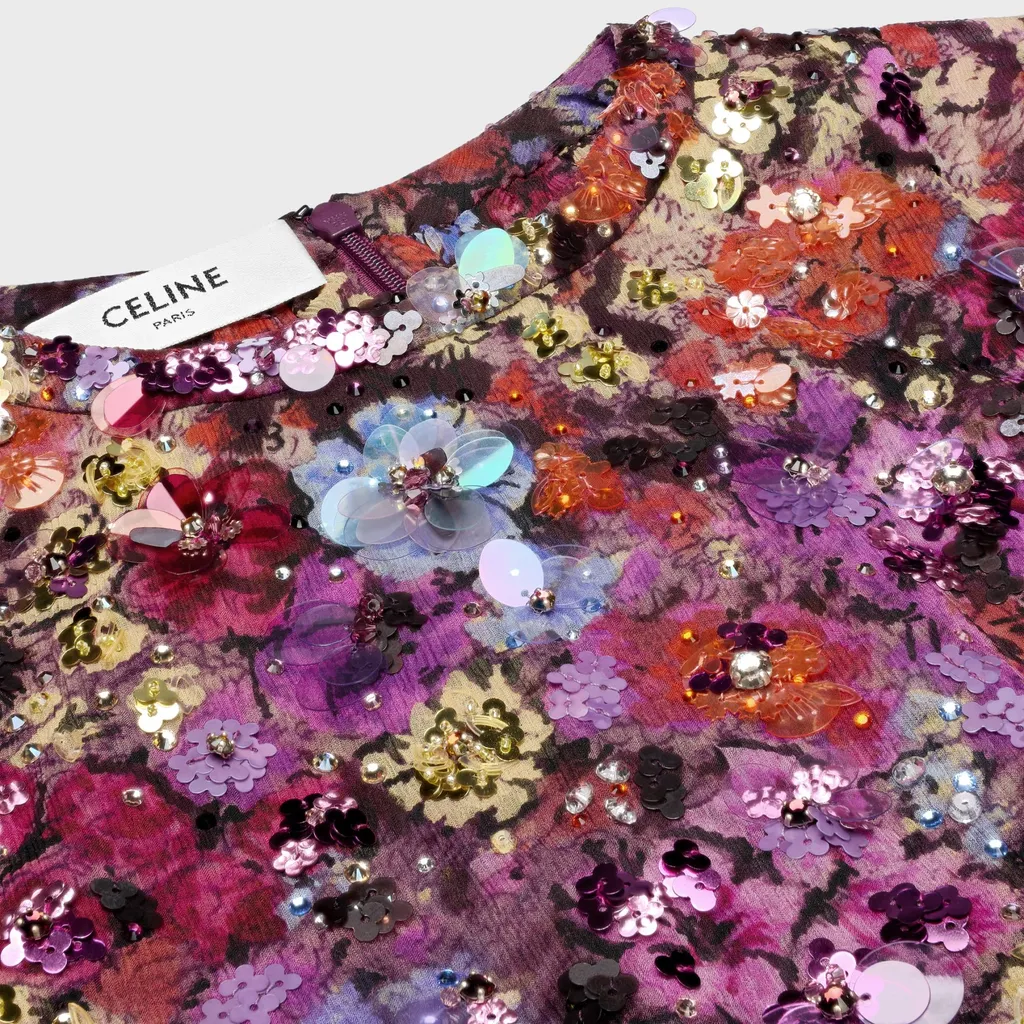 Embroidered Mini Folk Dress In Silk Crepon