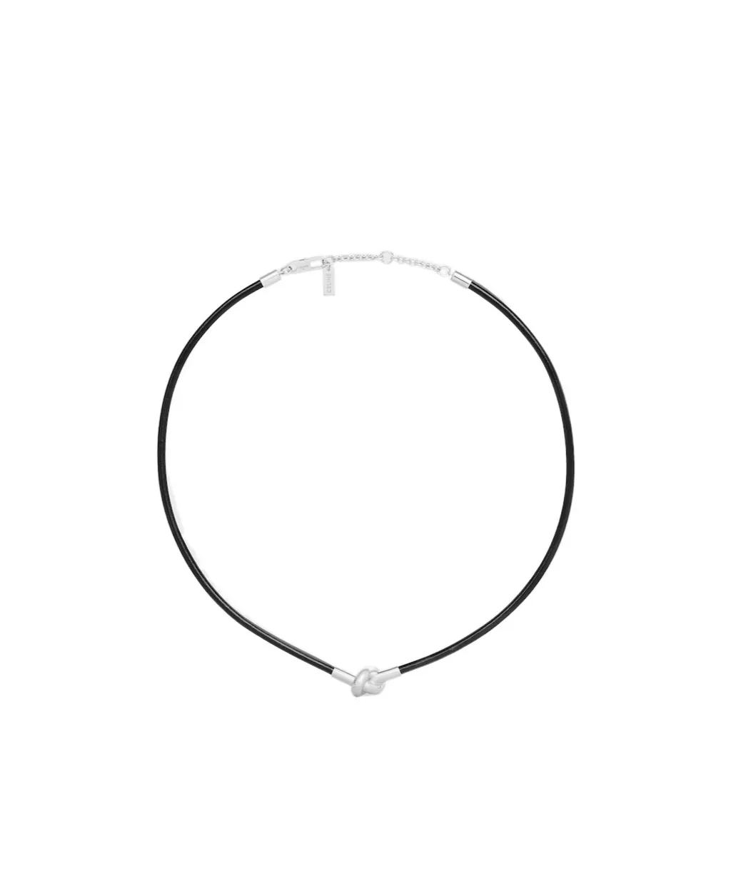 Knot Necklace In Calfskin And Brass With Rhodium Finish