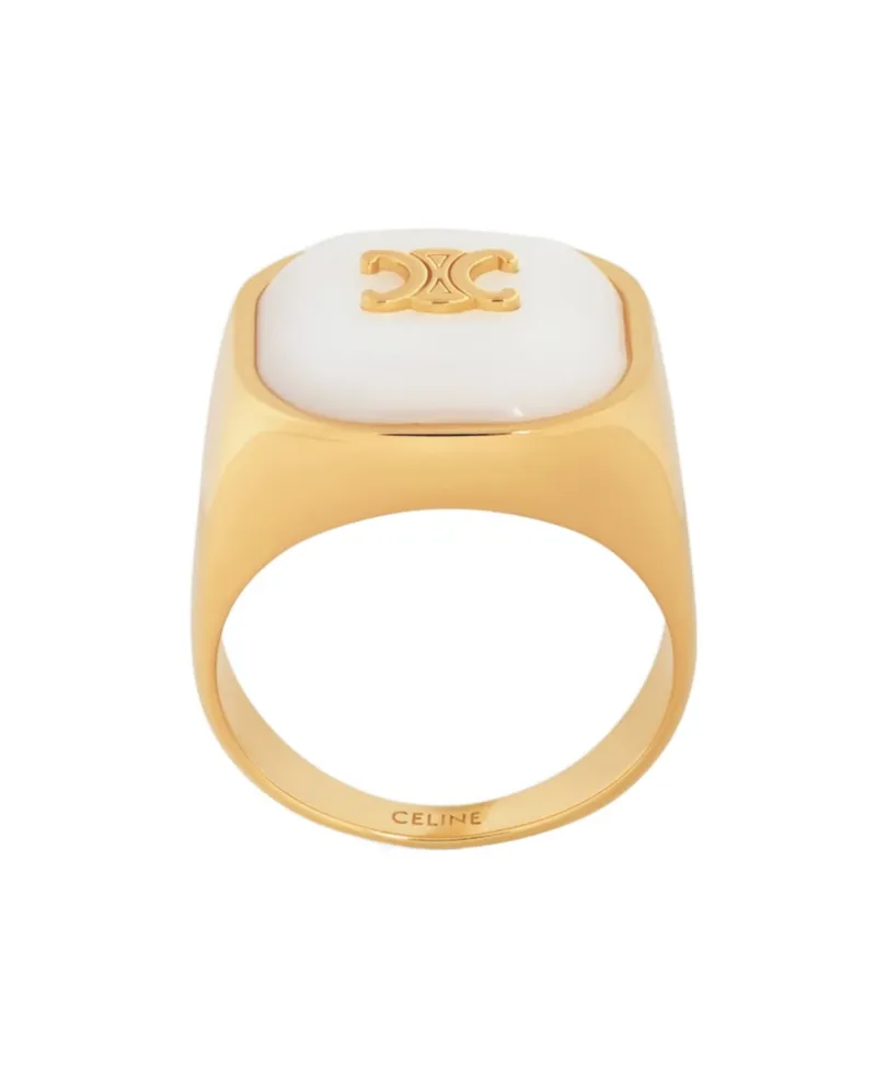 Triomphe Signet Ring In Mother Of Pearl And Brass With Gold Finish