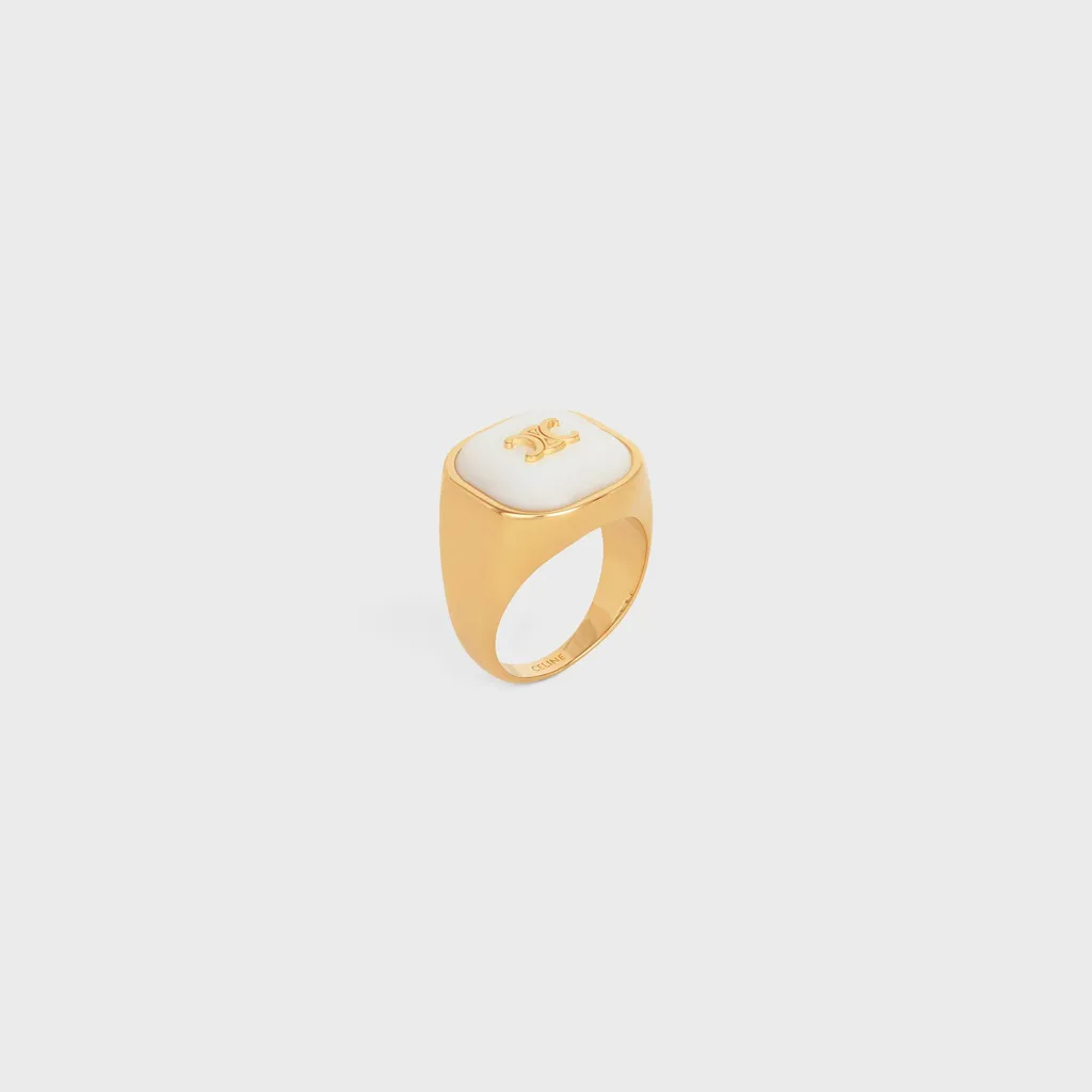 Triomphe Signet Ring In Mother Of Pearl And Brass With Gold Finish