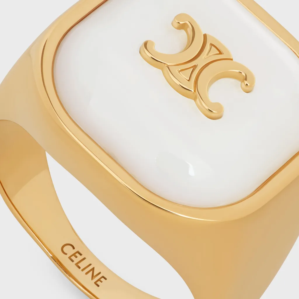 Triomphe Signet Ring In Mother Of Pearl And Brass With Gold Finish