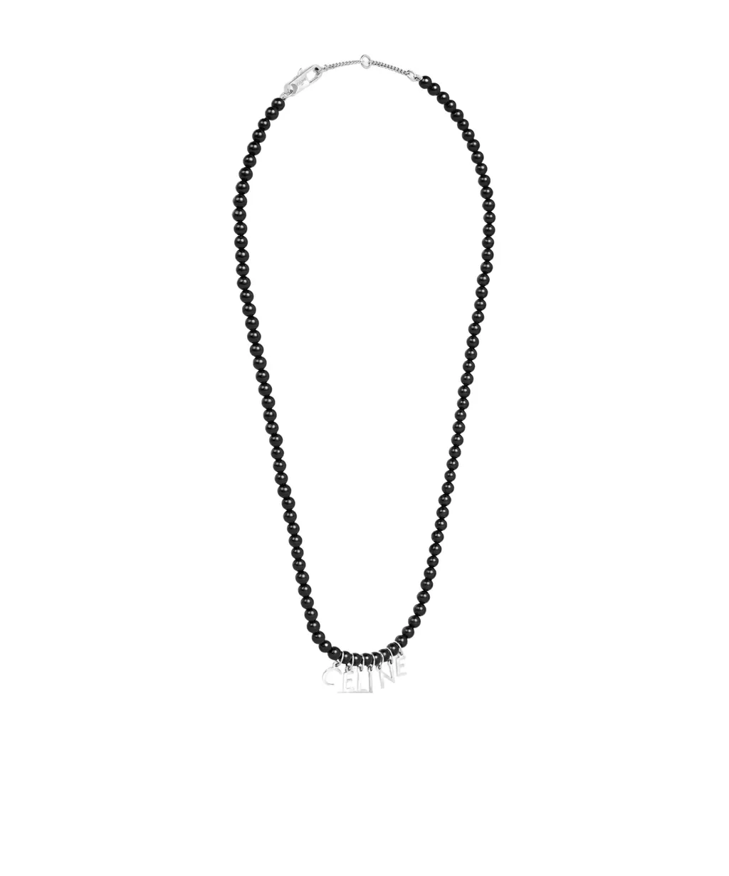 Monochroms Beads Necklace In Onyx And Brass With Rhodium Finish