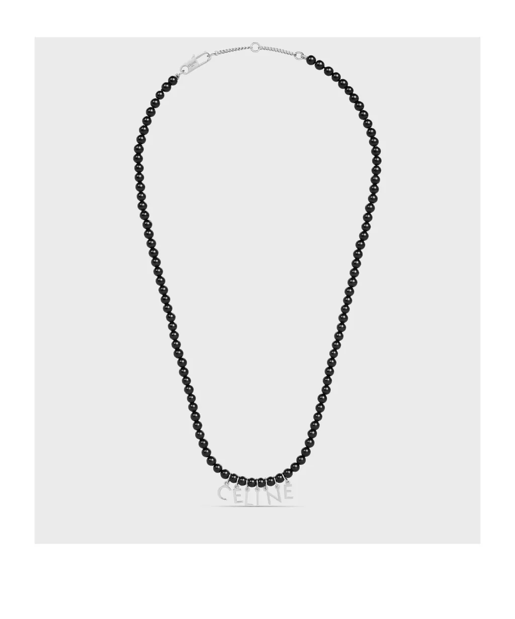 Monochroms Beads Necklace In Onyx And Brass With Rhodium Finish
