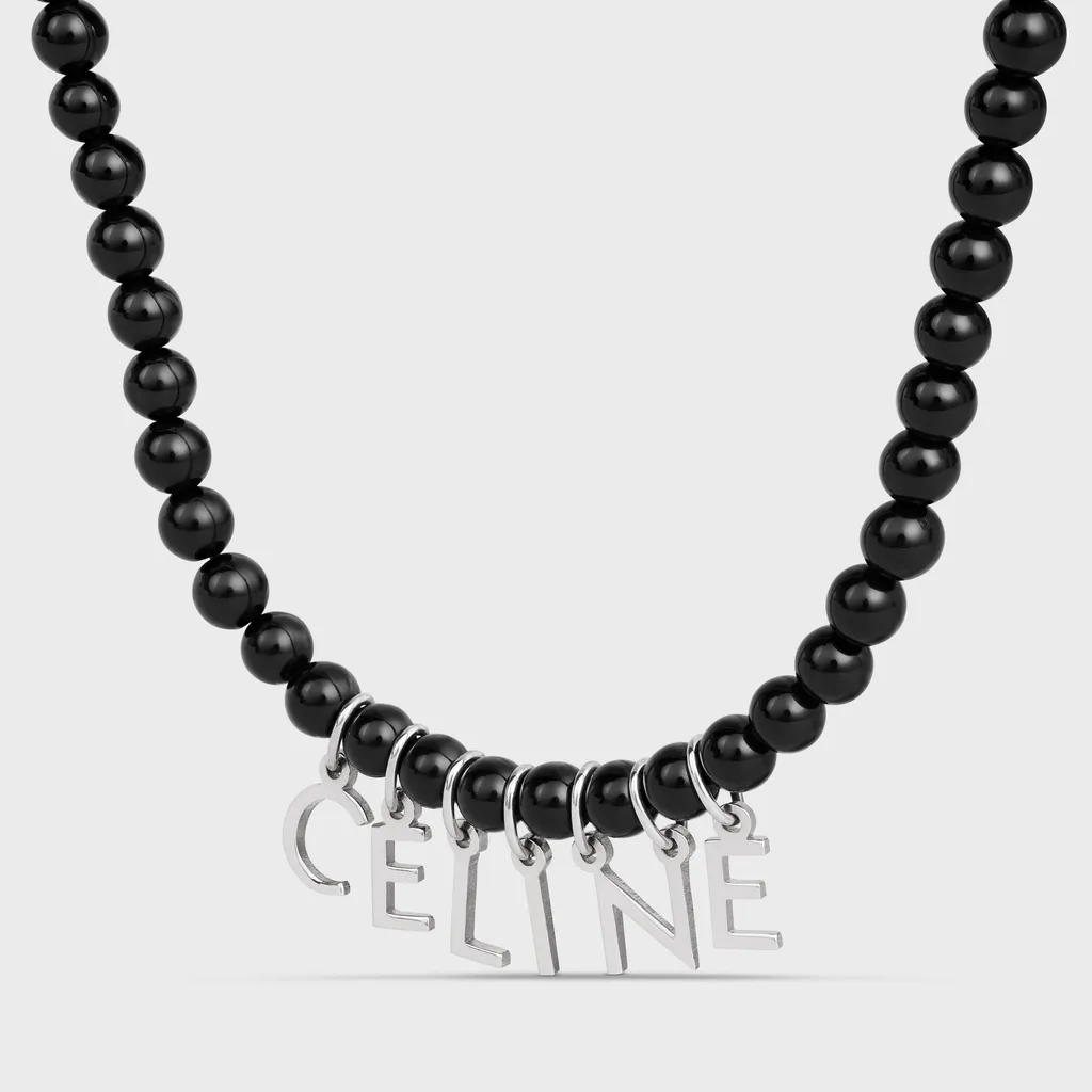 Monochroms Beads Necklace In Onyx And Brass With Rhodium Finish