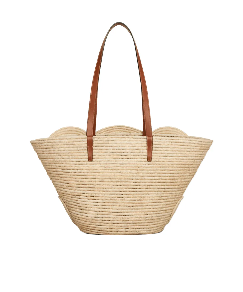Classic Panier Medium Braided Triomphe In Raffia And Calfskin
