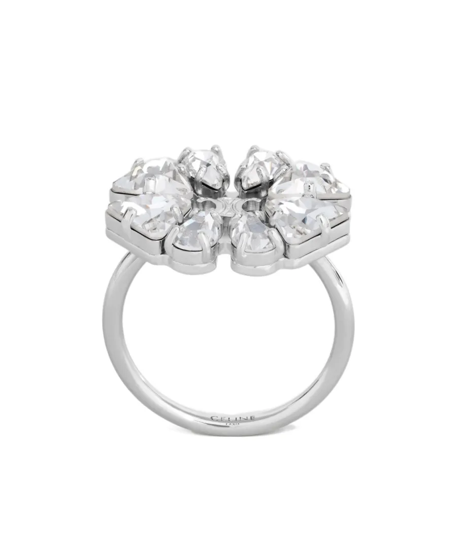 Daisy Ring In Brass With Rhodium Finish And Strass