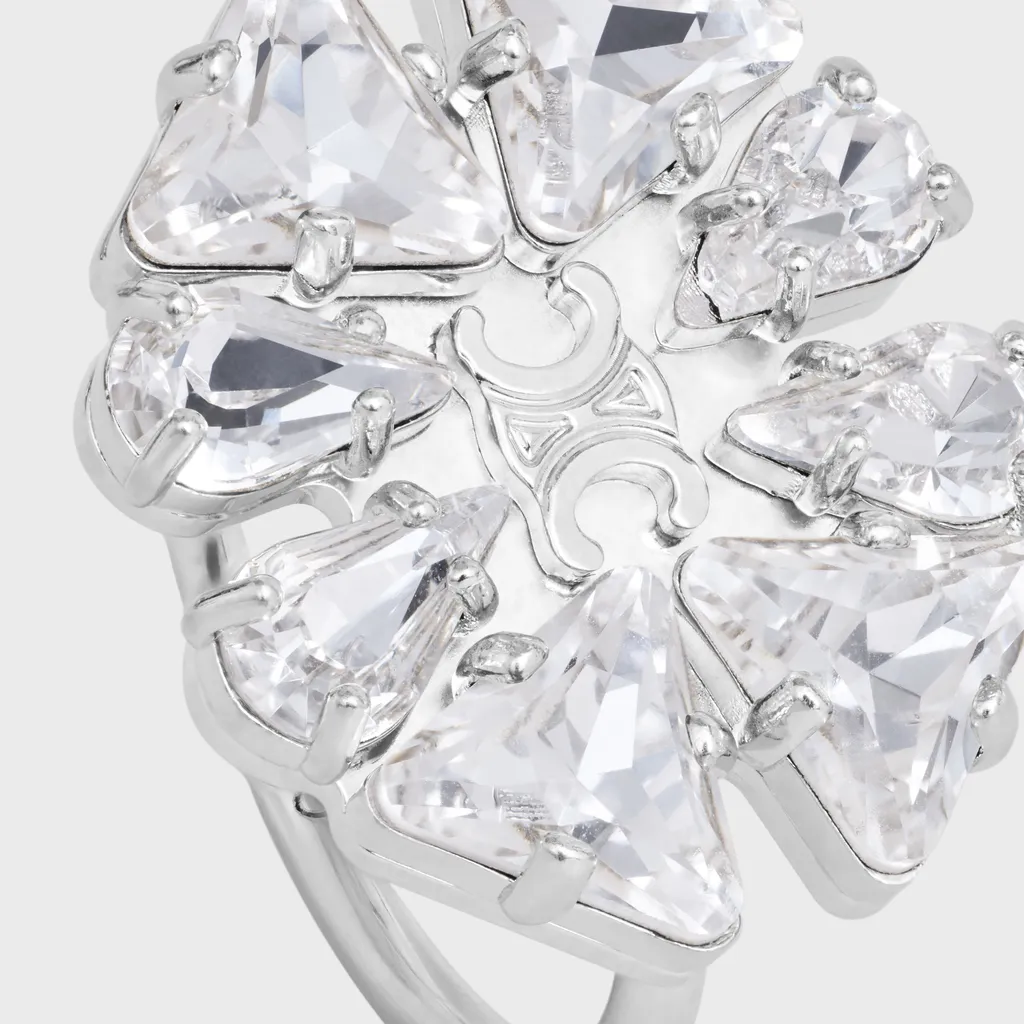 Daisy Ring In Brass With Rhodium Finish And Strass