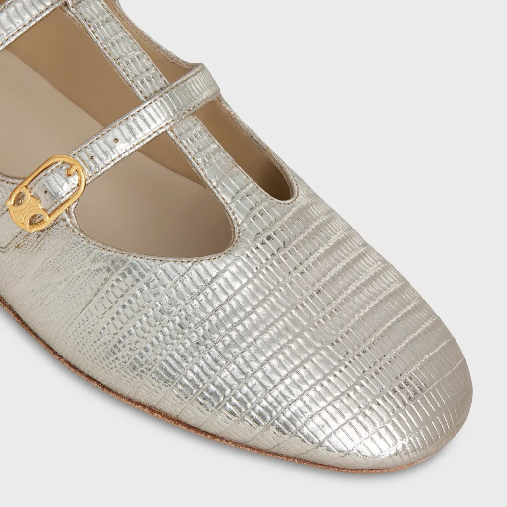 Double Strap Mary Jane Ballerina In Lizard Stamped Metalized Calfskin