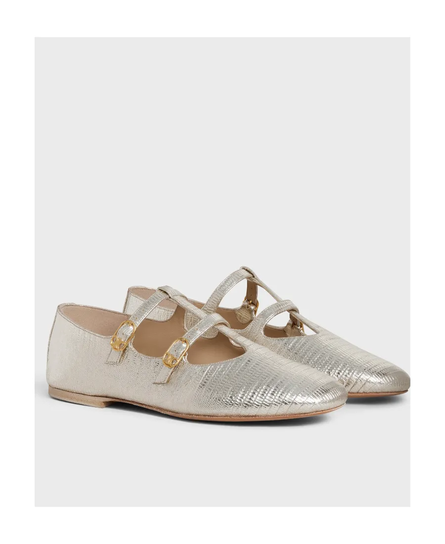 Double Strap Mary Jane Ballerina In Lizard Stamped Metalized Calfskin