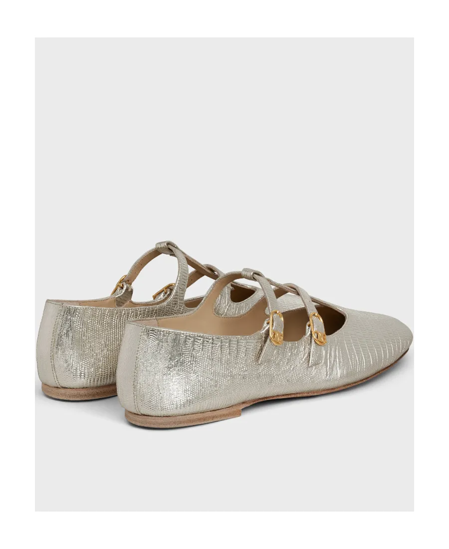 Double Strap Mary Jane Ballerina In Lizard Stamped Metalized Calfskin