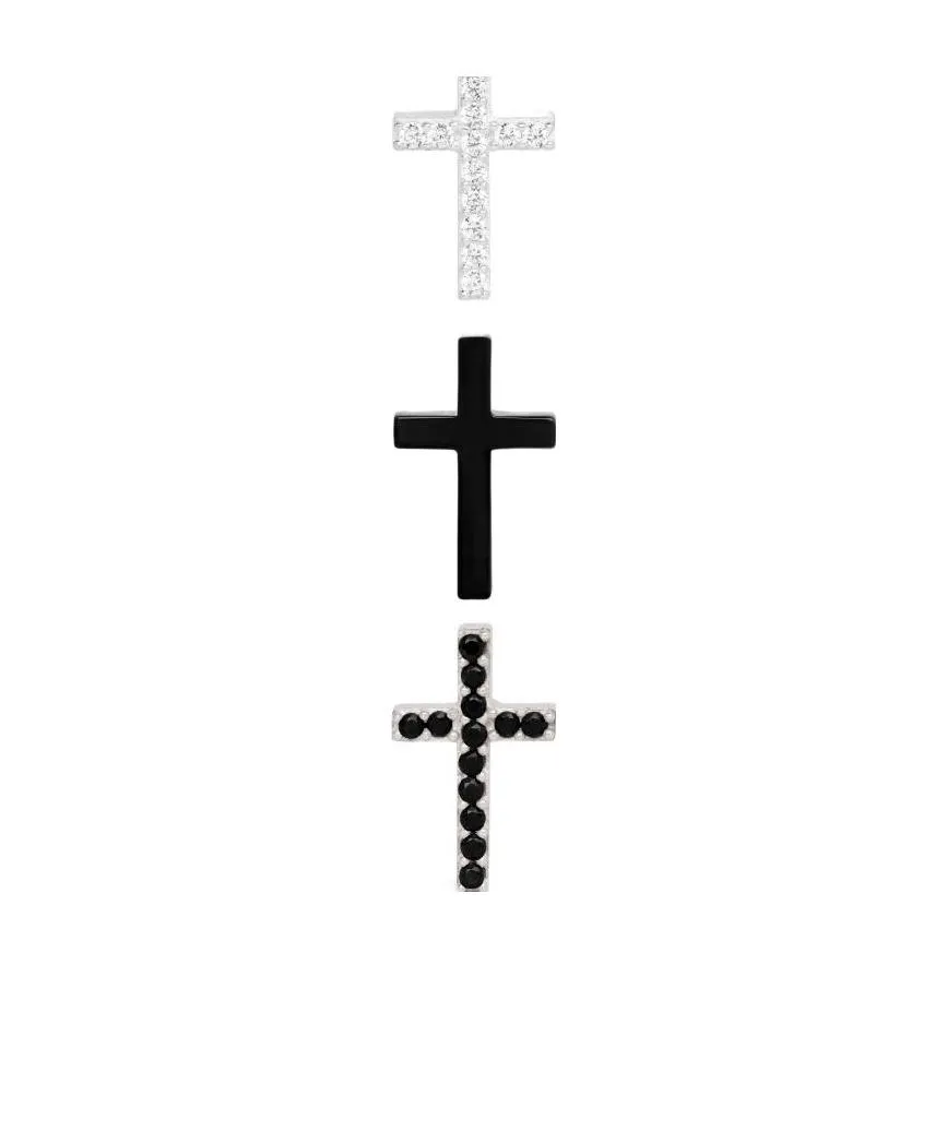 Cross Set Of 3 Studs In Brass With Rhodium Finish, Crystals And Varnish