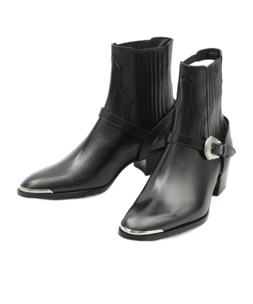 Western Chelsea Isaac Boot With Harness And Metal Toe In Tejus Stamped Calfskin